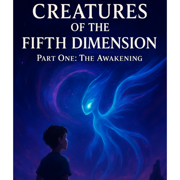 Book cover of 'Creatures of the Fifth Dimension: Part One: The Awakening' with a glowing creature and a silhouette of a person.