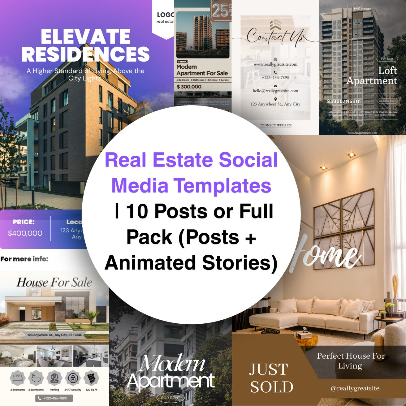 Real estate social media templates with various property images and promotional text.